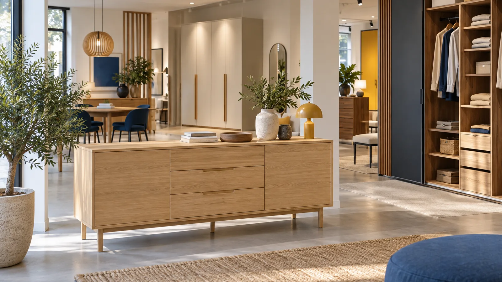 Showroom de meubles lumineux avec enfilade en chêne, acheter ses meubles de rangement en magasin