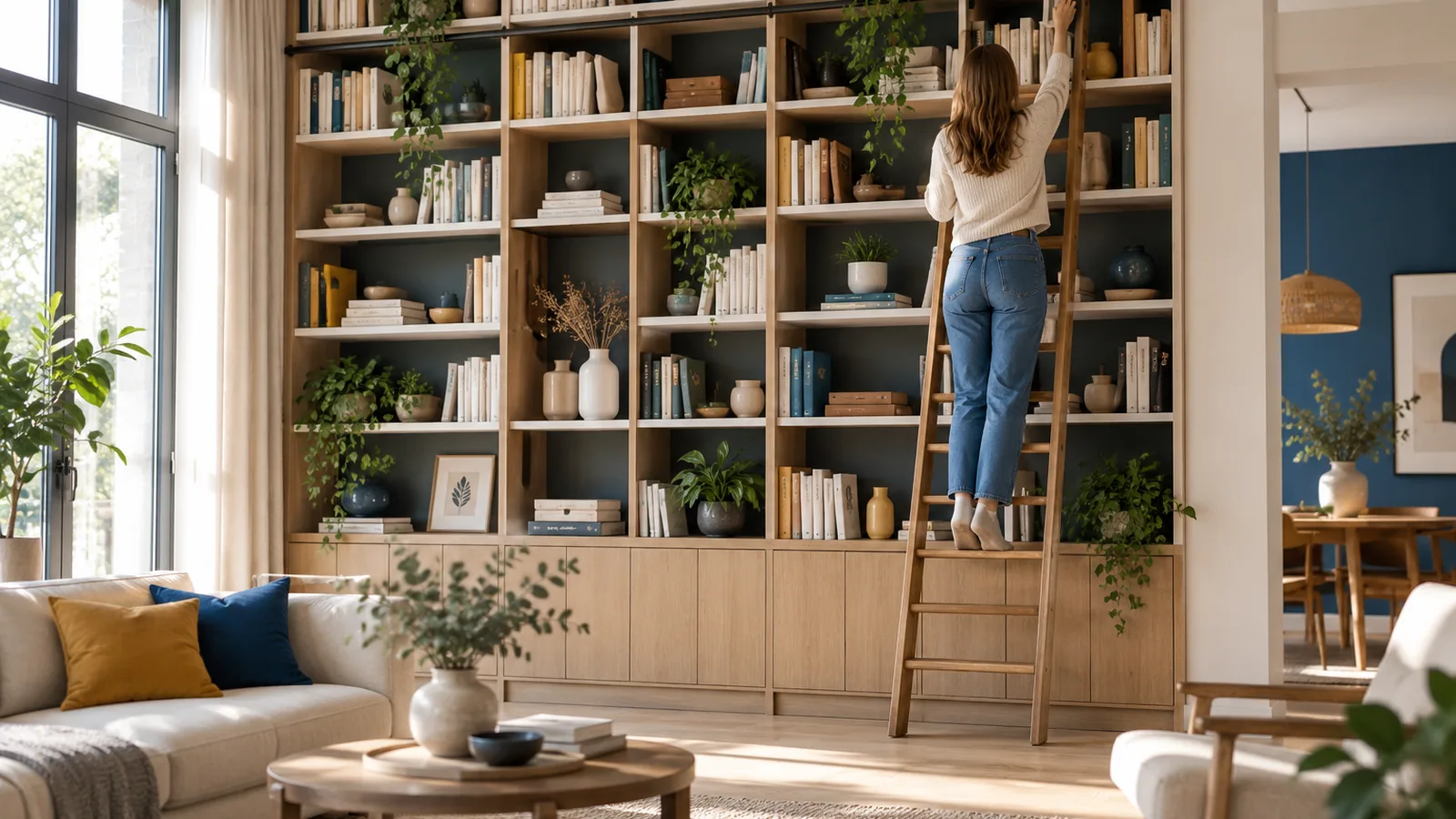 Bibliothèque murale du sol au plafond avec échelle en bois, bibliothèque murale