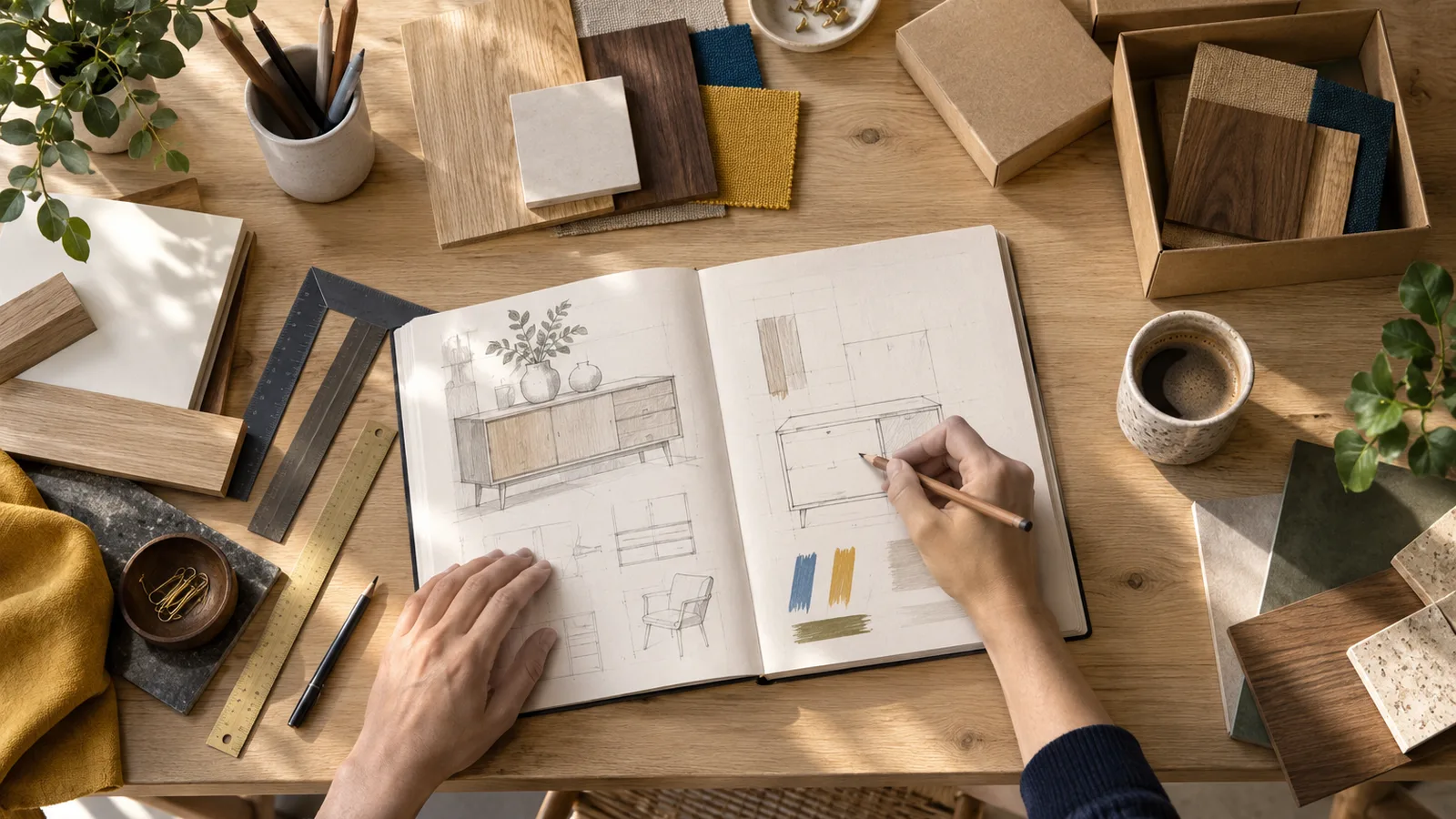 Table d’atelier vue du dessus avec carnet de croquis de meubles, rangement maison