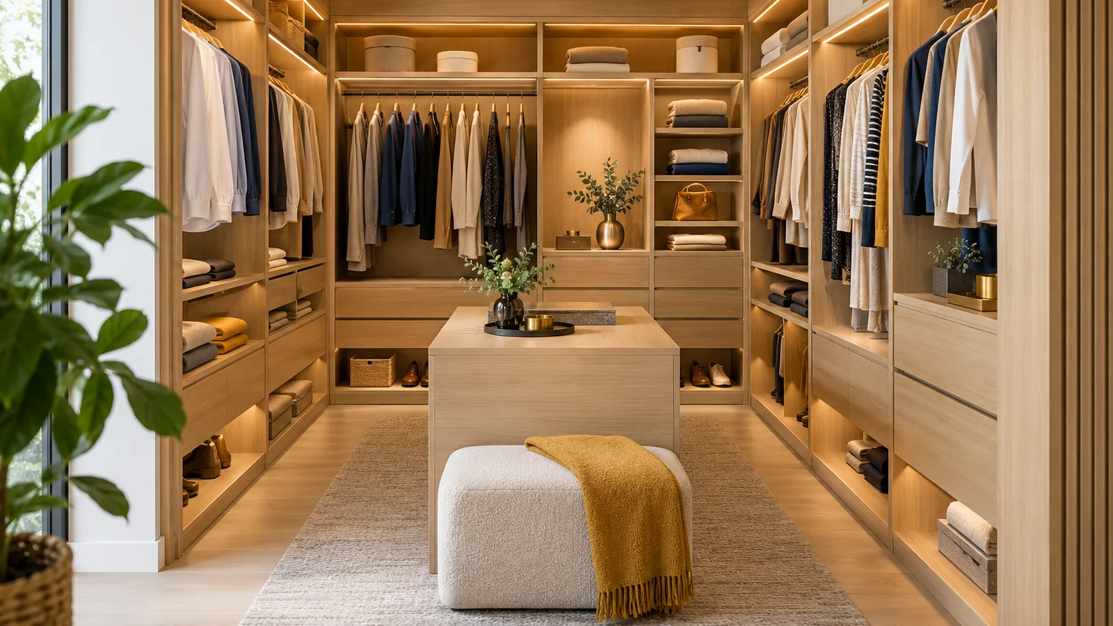 Dressing en U en chêne clair éclairé par des LED, choisir un dressing