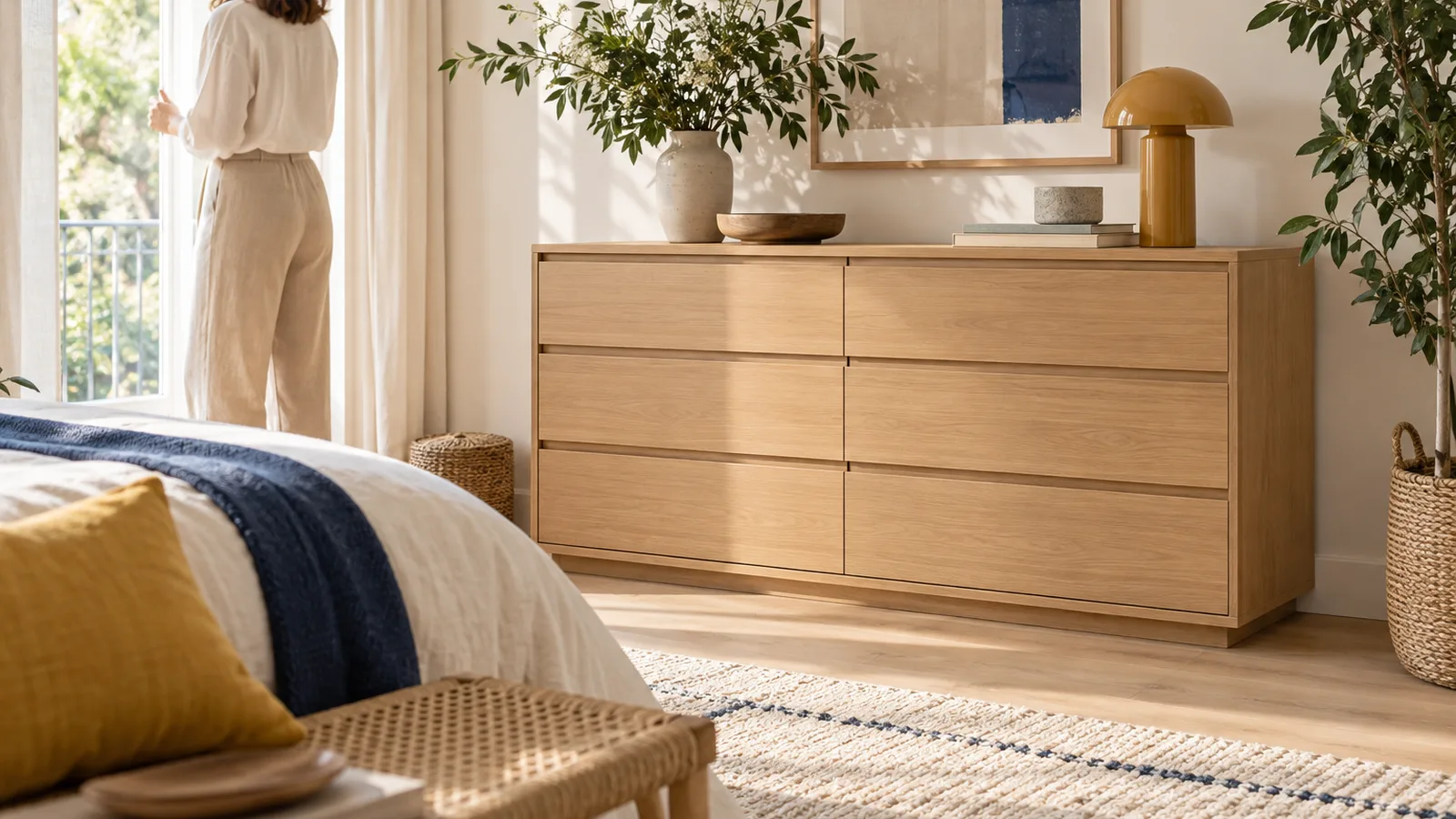 Commode en bois clair à six tiroirs dans une chambre lumineuse, choisir une commode