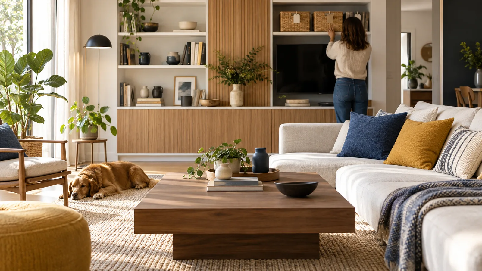 Salon parfaitement rangé avec paniers étiquetés sans texte, organiser sa maison