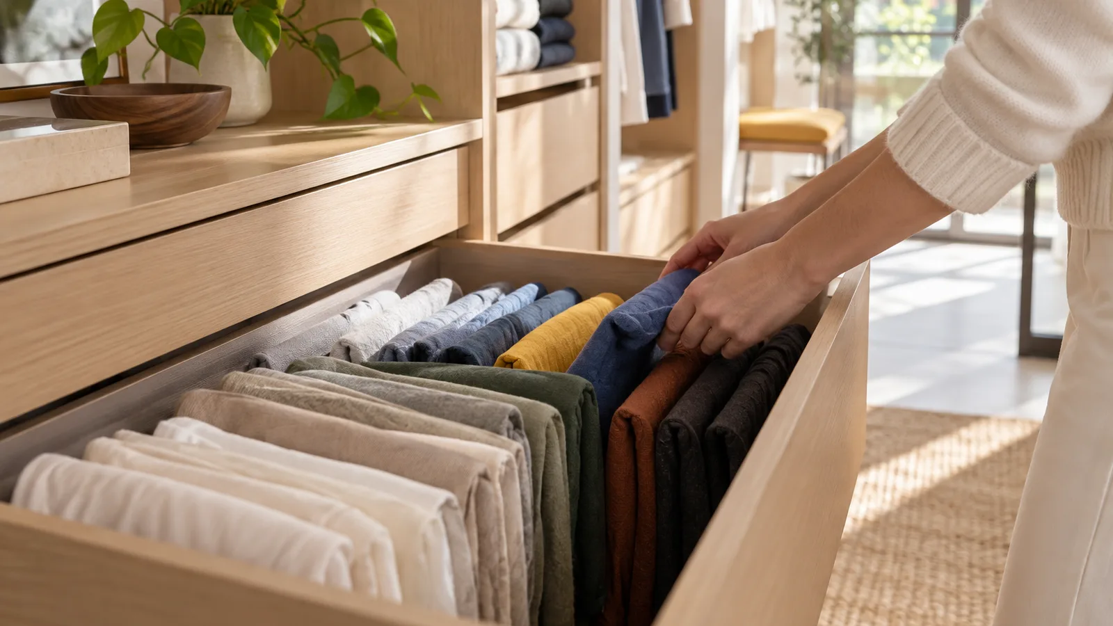 Tiroir avec vêtements pliés à la verticale en dégradé de couleurs, plier ses vêtements