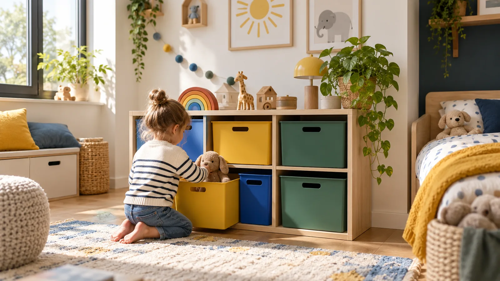 Chambre d’enfant lumineuse avec bacs colorés à hauteur d’enfant, rangement de chambre d’enfant