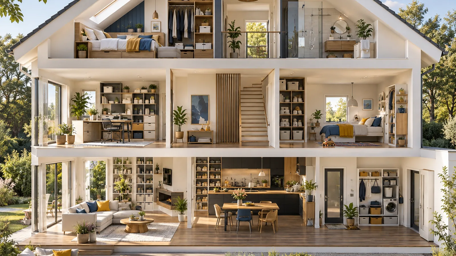 Vue en coupe d’une maison lumineuse avec rangements visibles pièce par pièce, rangement pièce par pièce