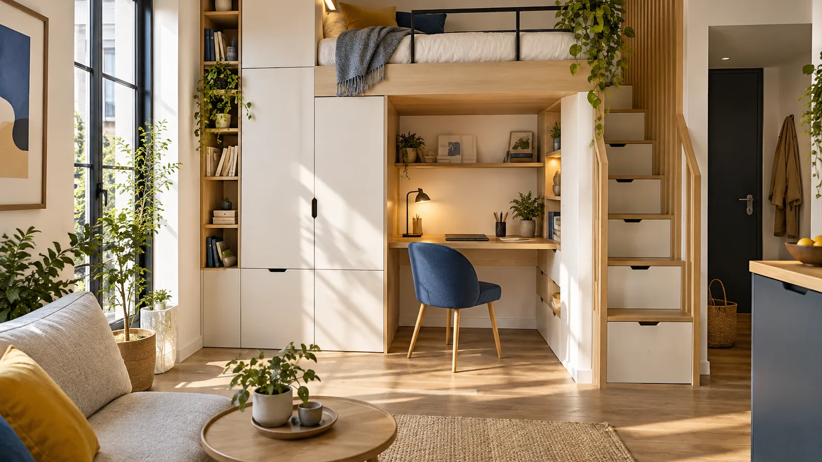 Studio lumineux avec lit en mezzanine, rangement des petits espaces