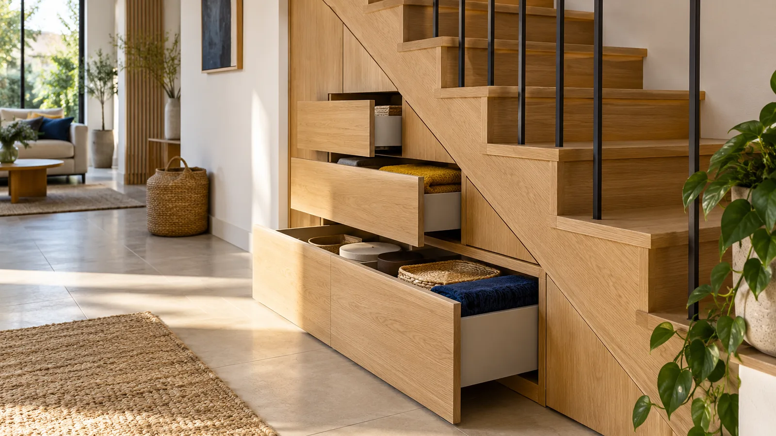 Escalier en bois avec tiroirs coulissants intégrés sous les marches, rangement sous escalier