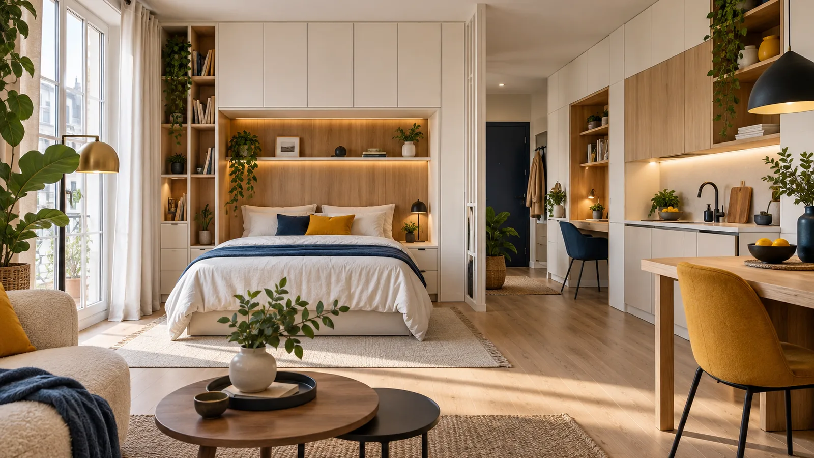 Studio de 25 m² lumineux avec rangements intégrés du sol au plafond, rangement d’un studio