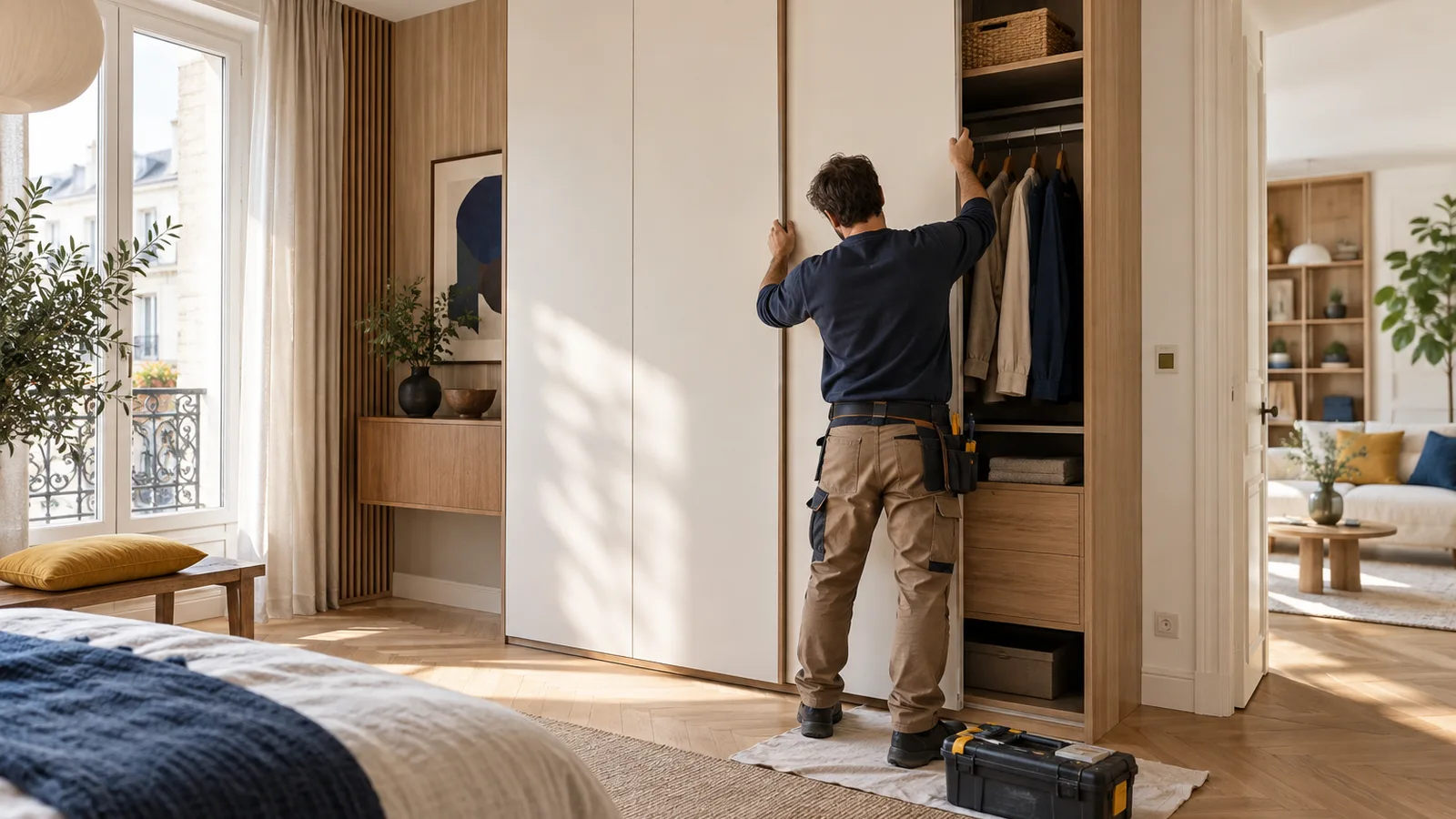 Menuisier de dos ajustant une façade de placard sur mesure dans un appartement lumineux, rangement sur mesure