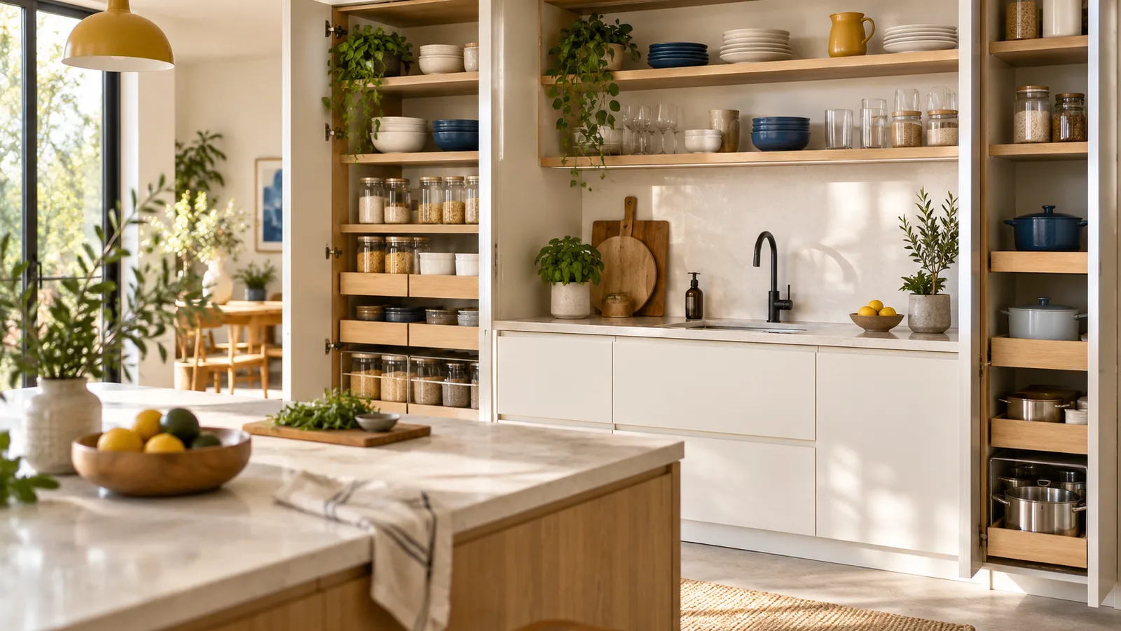 Cuisine lumineuse aux placards ouverts parfaitement organisés, ranger sa cuisine