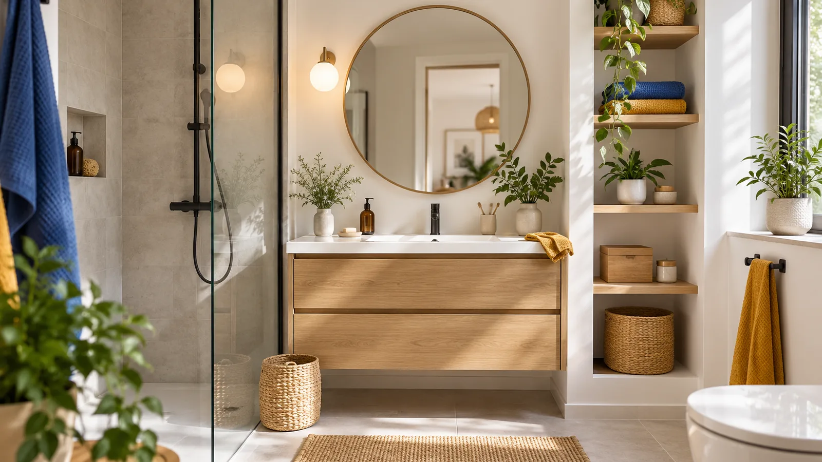 Petite salle de bain lumineuse avec meuble sous vasque et niches, ranger sa salle de bain
