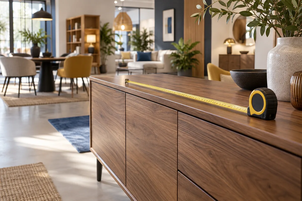 Mètre ruban posé sur une façade de buffet en noyer dans un showroom, acheter ses meubles de rangement en magasin