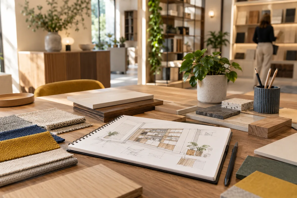 Carnet de croquis d’aménagement et échantillons de bois sur une table de showroom, acheter ses meubles de rangement en magasin