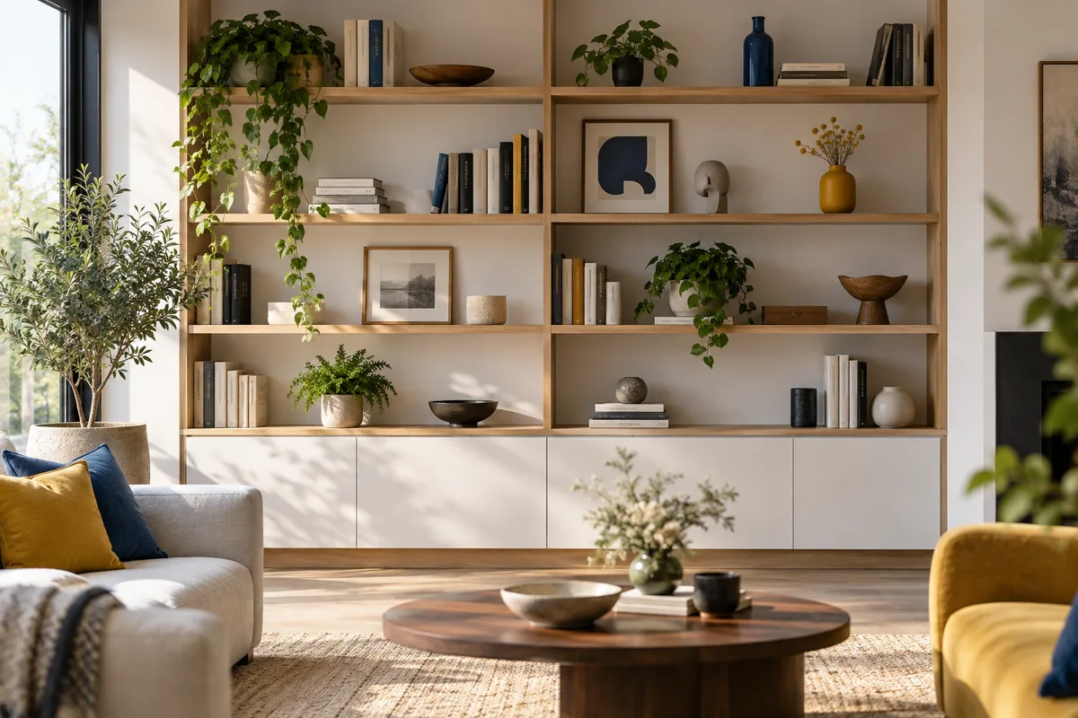 Étagère avec livres et objets bien espacés, bibliothèque murale