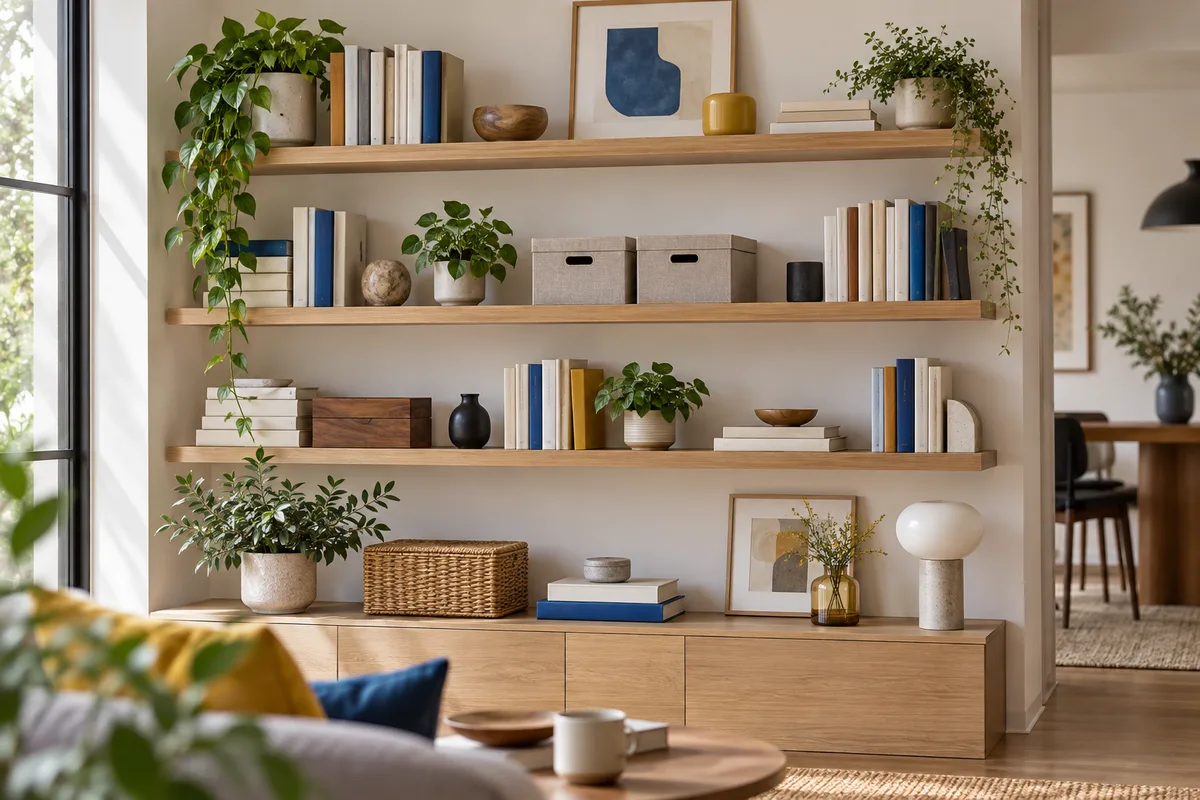 Étagère murale en chêne avec boîtes et livres alignés, rangement maison