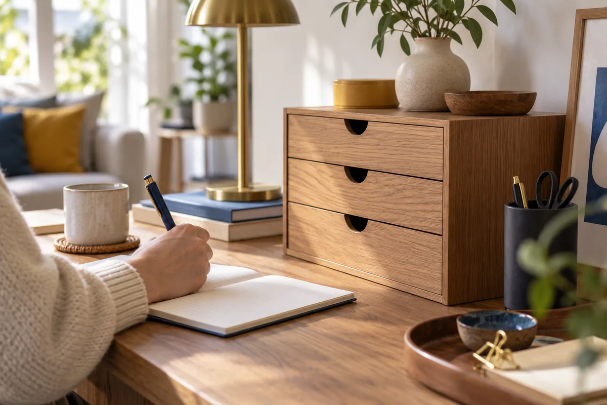 Main qui écrit sur un carnet à côté d’un petit meuble à tiroirs en bois, rangement meuble