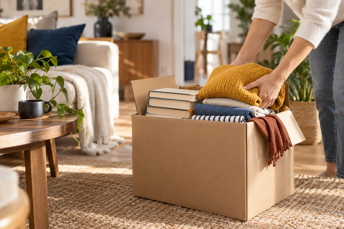 Carton de dons rempli de livres et vêtements, désencombrer sa maison