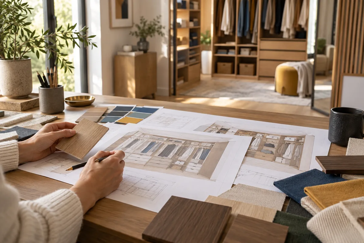 Plans de dressing et nuancier sur un bureau, dressing sur mesure