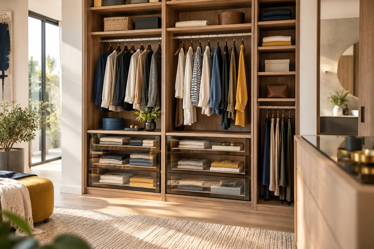Module de penderie avec tiroirs vitrés, dressing sur mesure