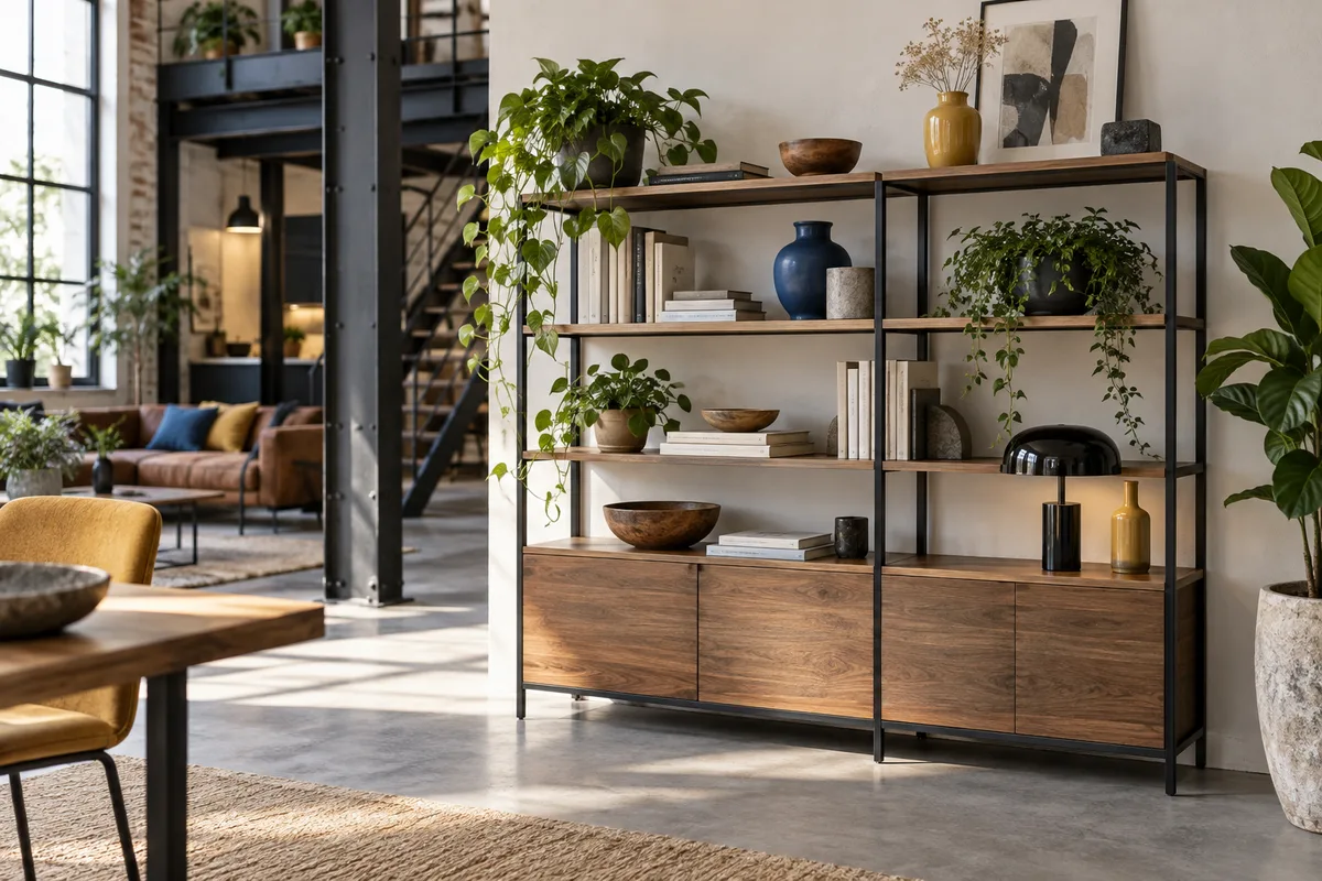 Meuble en métal et bois dans un loft, matériaux des meubles de rangement