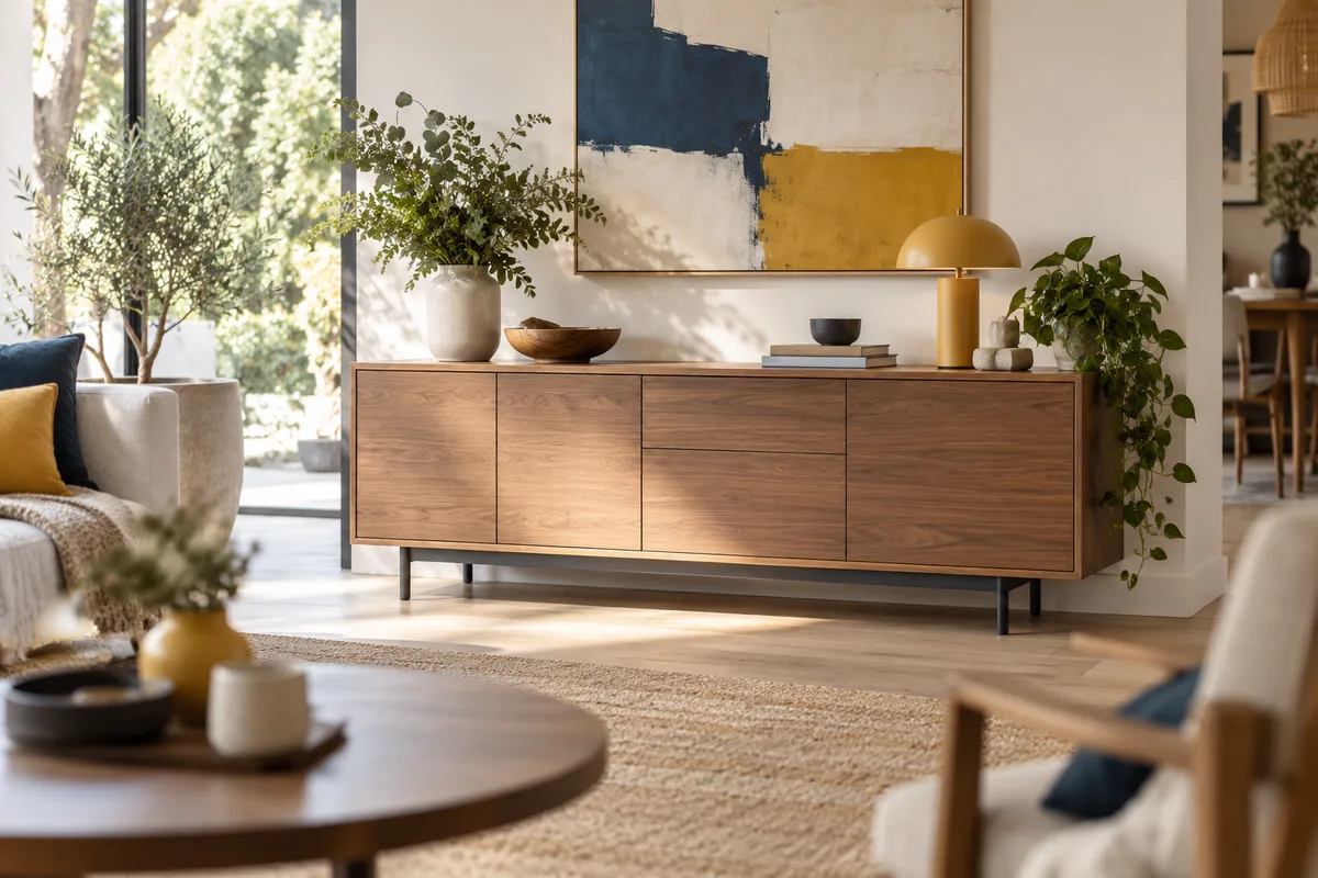 Buffet bas dans un salon lumineux, meubles de rangement