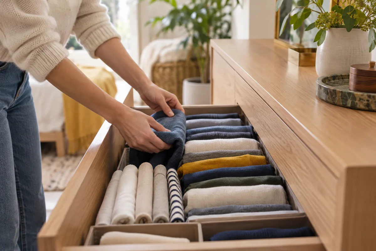 Mains pliant des vêtements à la verticale dans un tiroir, organiser sa maison