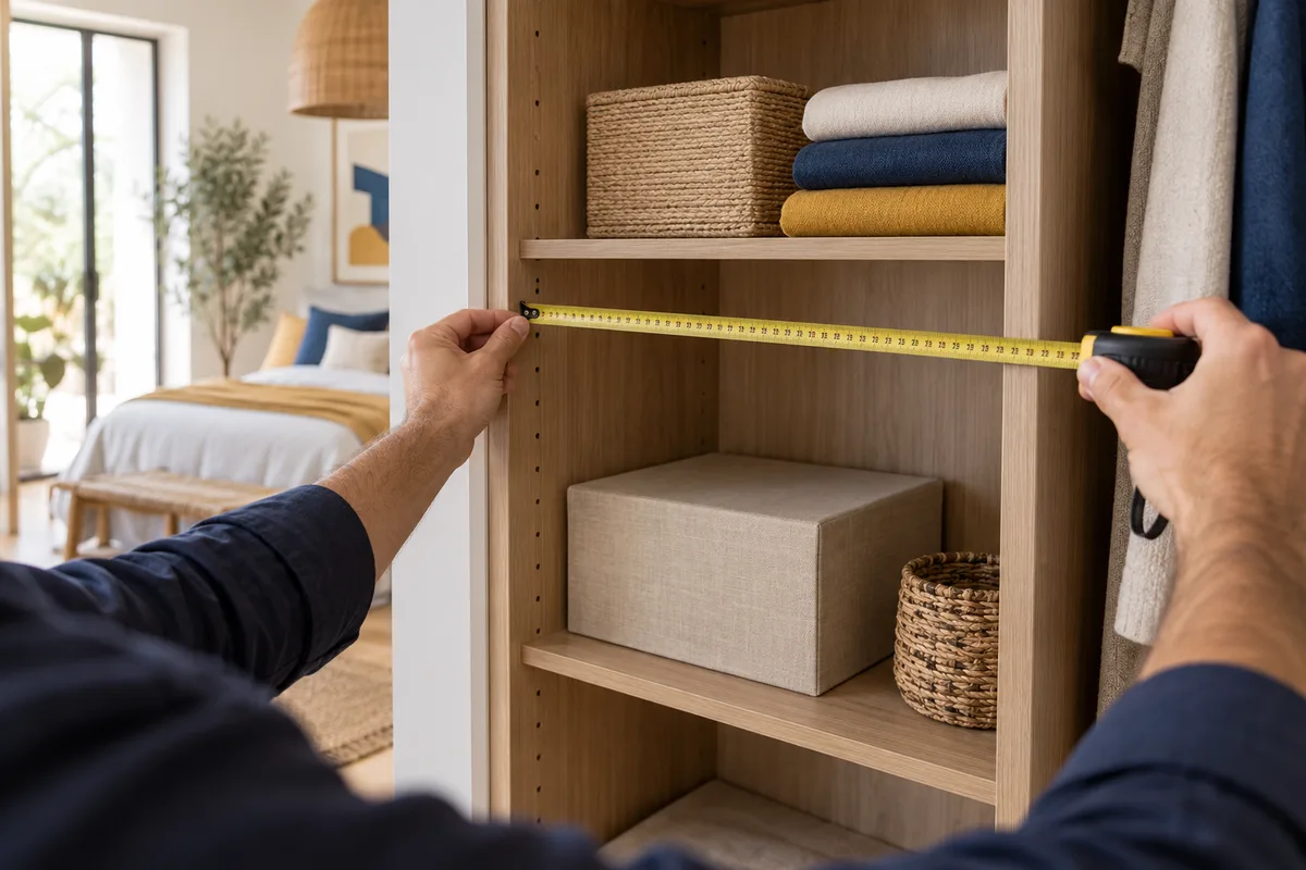 Mains prenant des mesures avec un mètre ruban, placard sur mesure