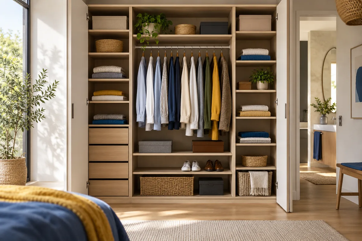 Intérieur de placard aménagé avec étagères et tringle, placard sur mesure