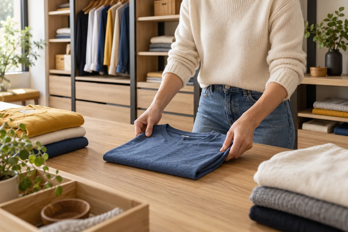 Mains pliant un tee-shirt, plier ses vêtements