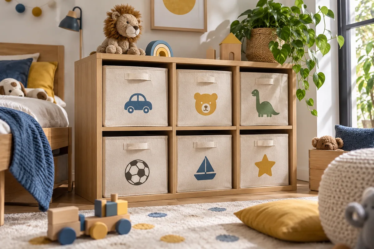 Bacs en tissu avec pictogrammes dessinés sans texte, rangement de chambre d’enfant