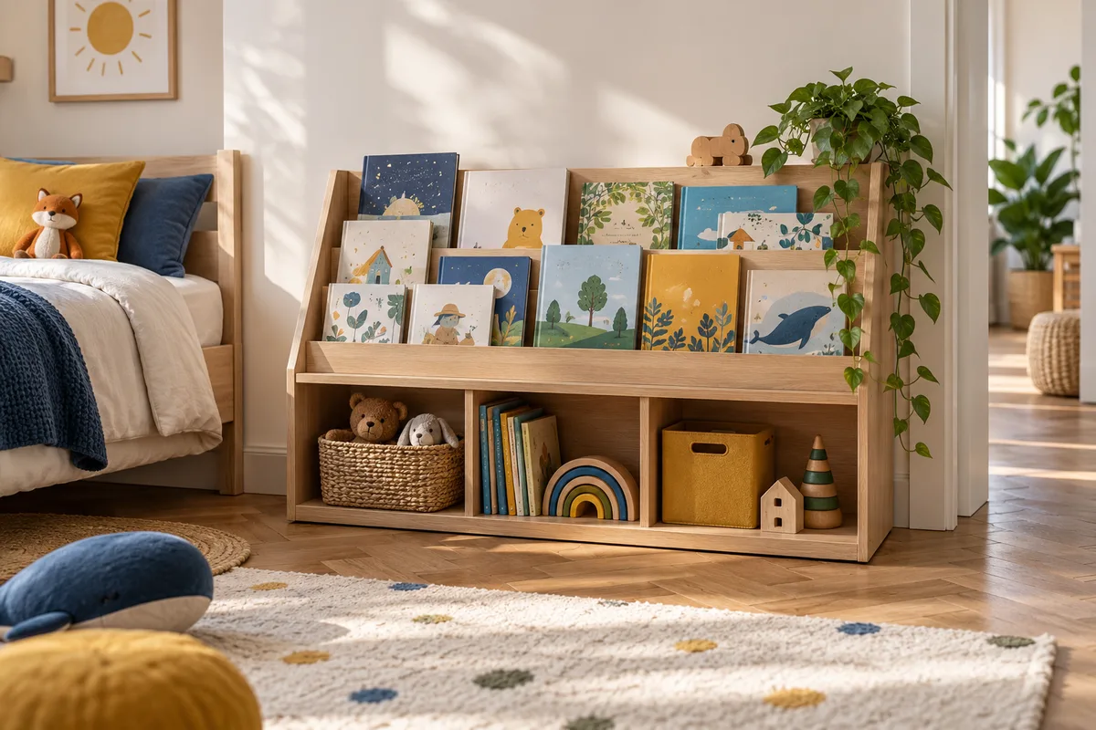 Étagère basse avec livres en façade, rangement de chambre d’enfant