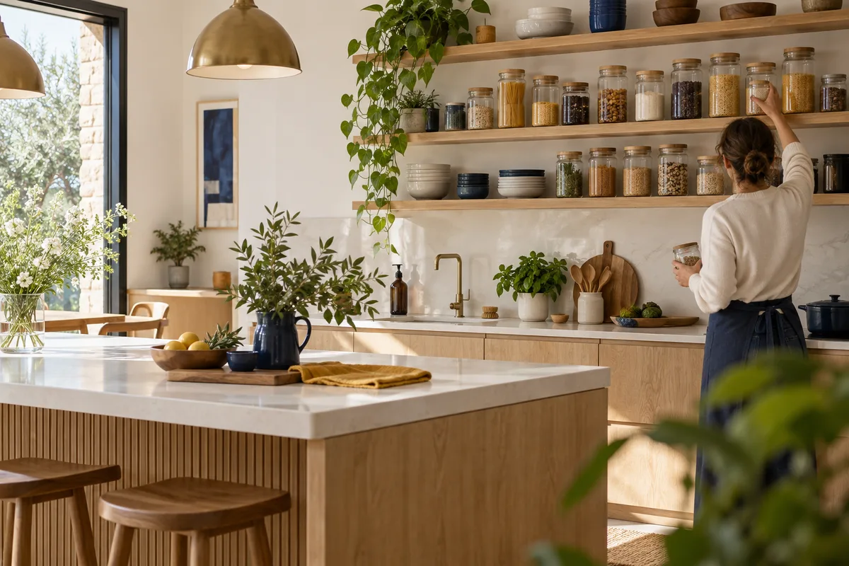 Cuisine rangée avec bocaux alignés, rangement pièce par pièce