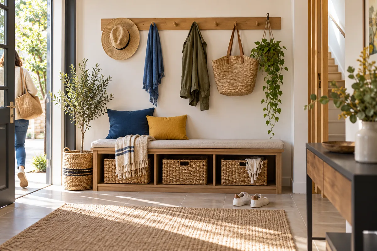 Entrée avec banc, rangement pièce par pièce