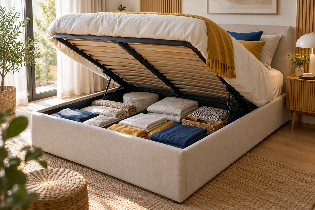 Lit coffre ouvert rempli de linge plié, rangement des petits espaces