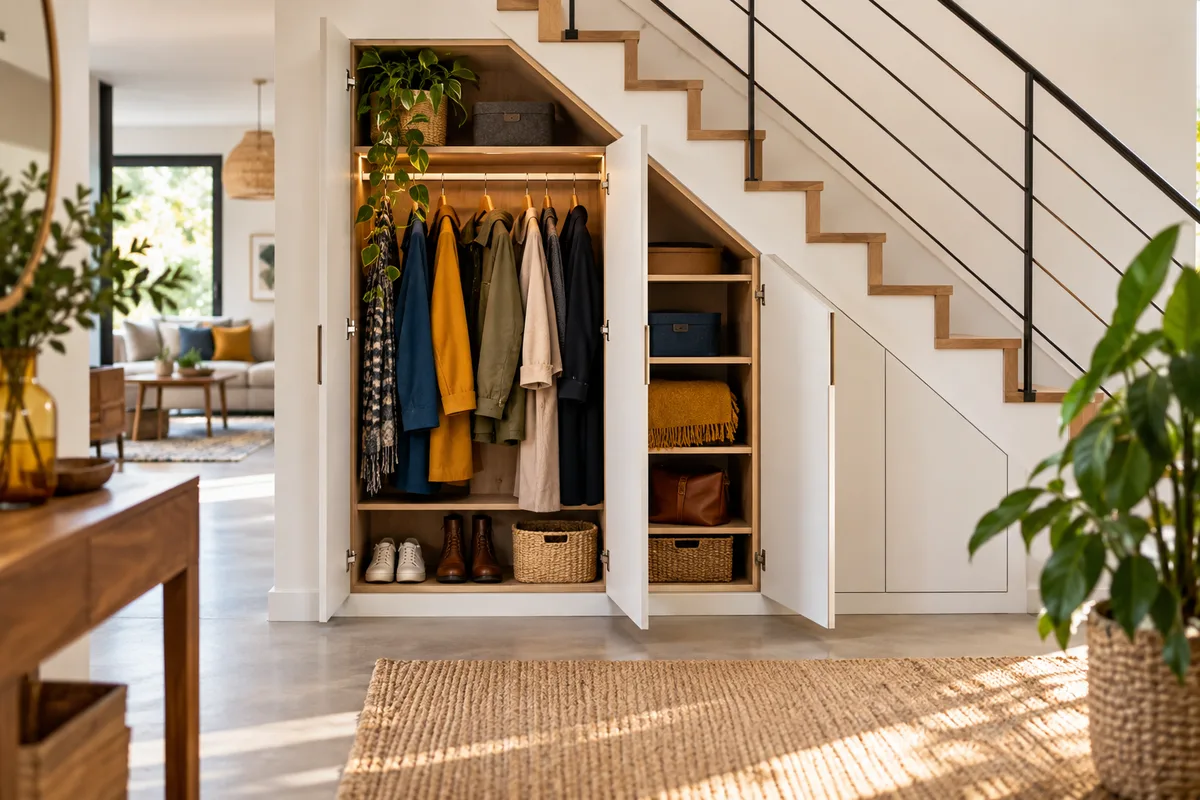 Placard sous escalier ouvert avec manteaux, rangement sous escalier