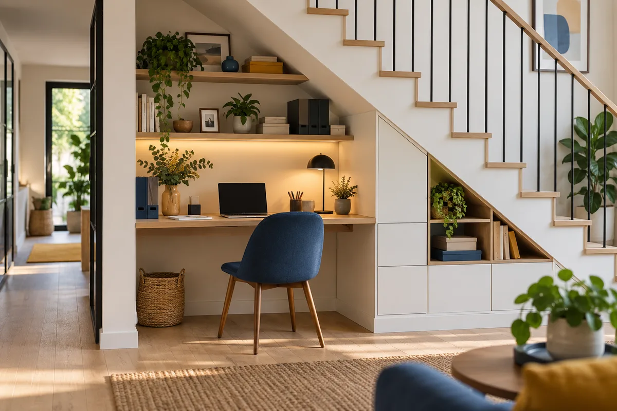 Coin bureau aménagé sous un escalier, rangement sous escalier