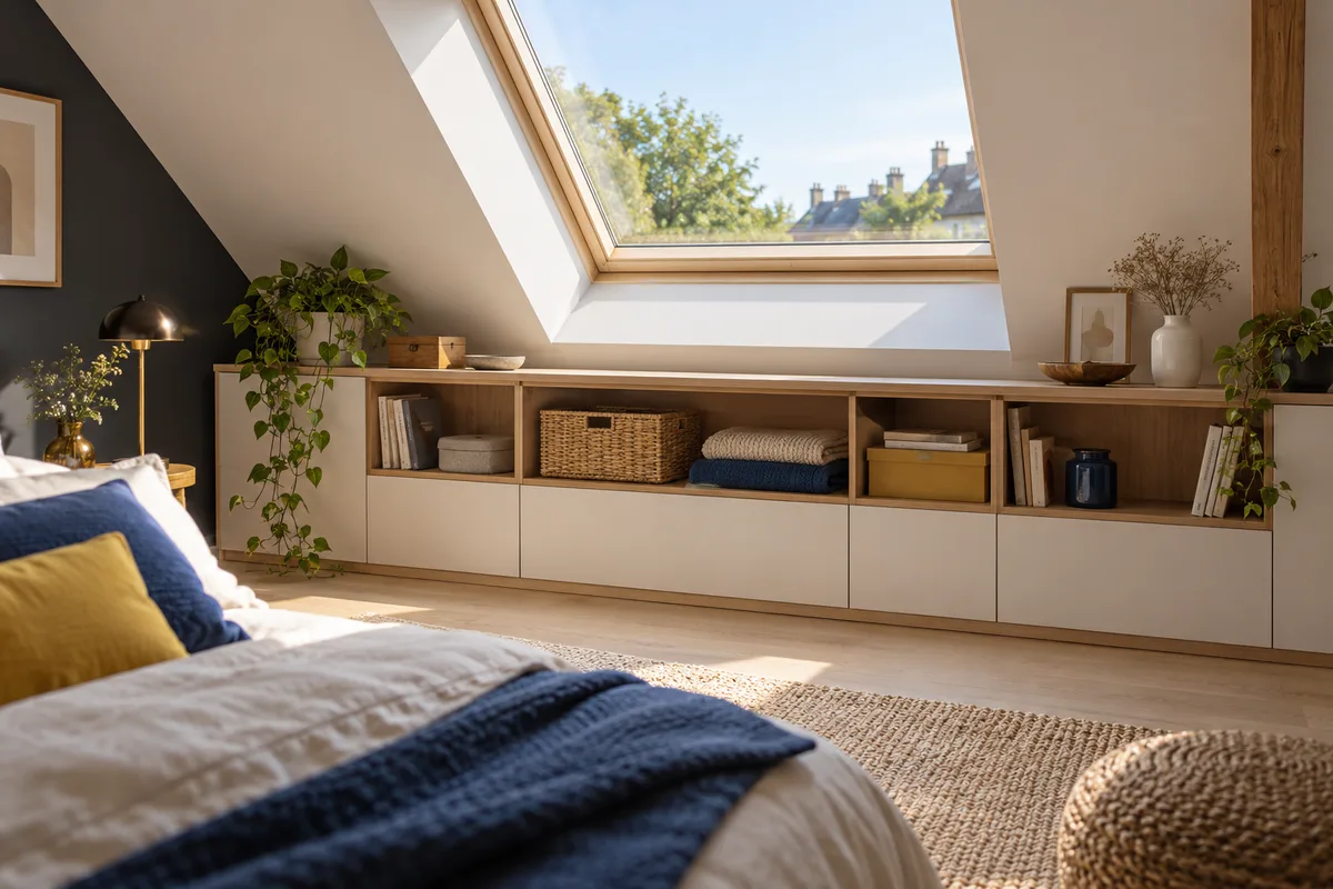 Fenêtre de toit au-dessus d’un rangement, rangement sous pente