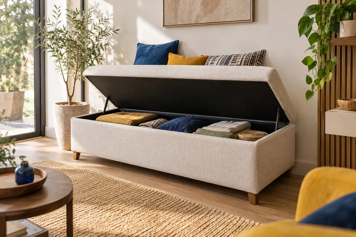 Banquette coffre ouverte, rangement d’un studio