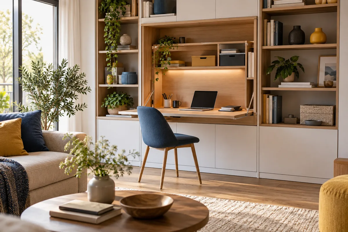 Bureau escamotable déplié dans une bibliothèque, rangement d’un studio