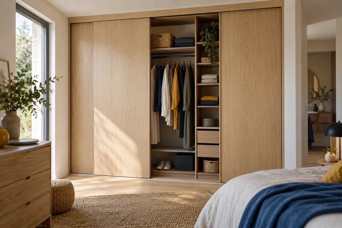 Placard sur mesure à portes coulissantes en bois clair, rangement sur mesure