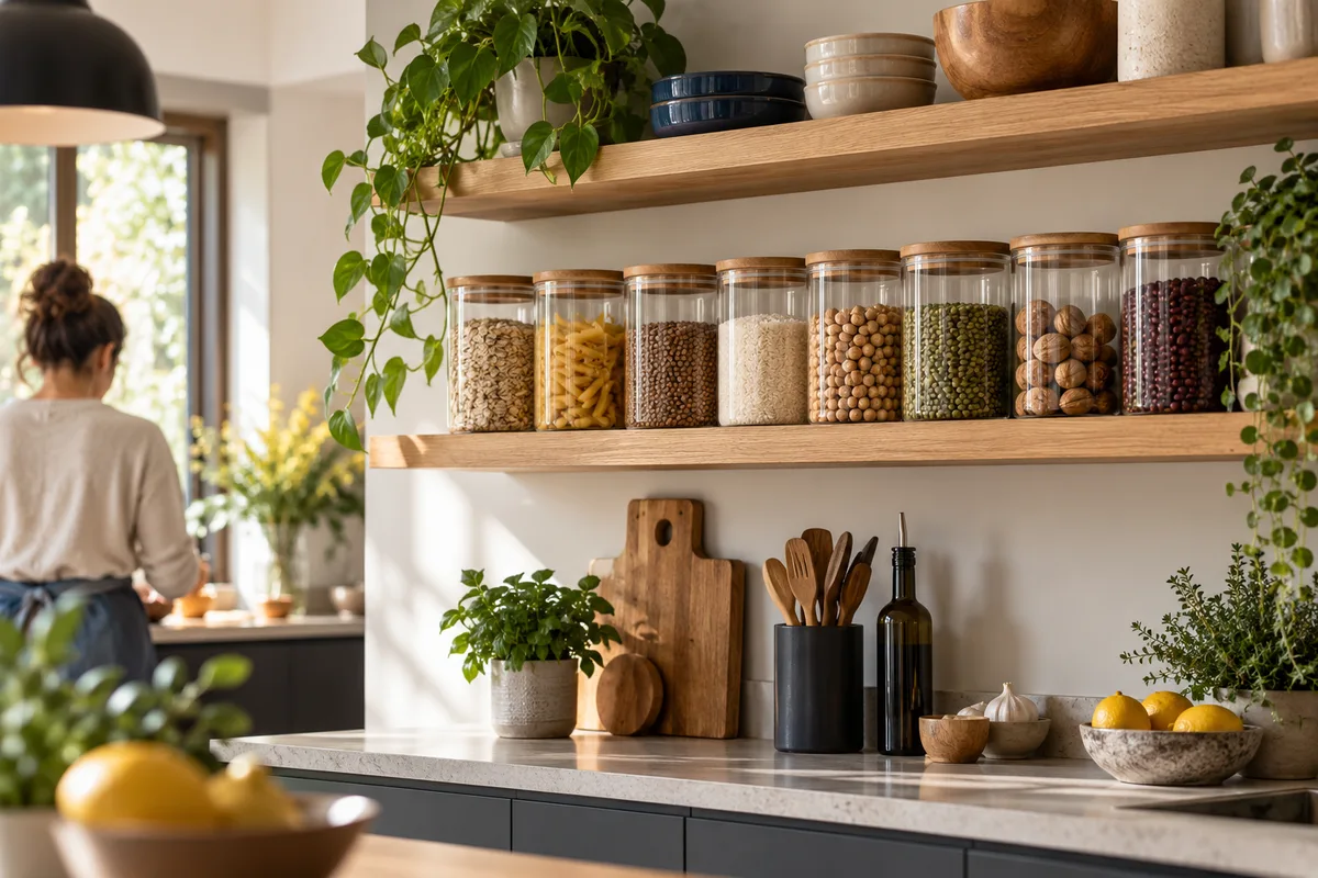 Bocaux en verre sans étiquette lisible alignés, ranger sa cuisine