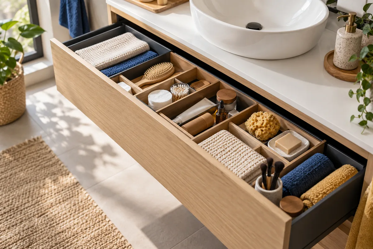 Tiroir de salle de bain organisé, ranger sa salle de bain