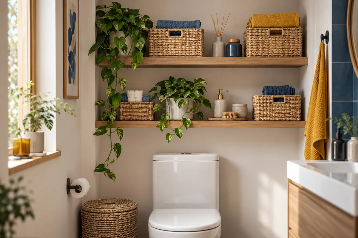 Étagère au-dessus des WC avec paniers, ranger sa salle de bain